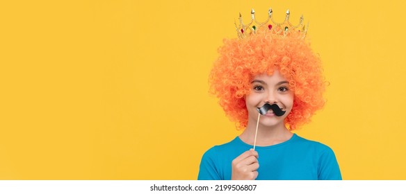 Cheerful Selfish Child Girl In Curly Wig And Princess Diadem Wear Party Moustache, Queen. Funny Teenager Child In Wig, Party Poster. Banner Header, Copy Space.