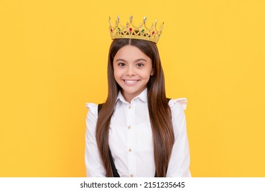 Cheerful Selfish Child In School Uniform Wear Princess Crown, Egoist