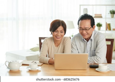 Cheerful Senior Asian Couple Using Laptop When Distributing Family Budget