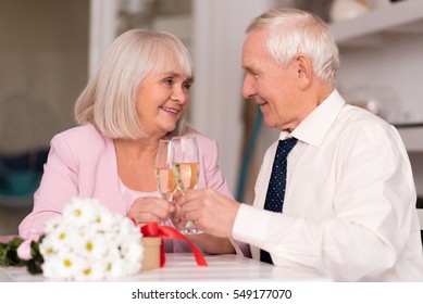 Cheerful Senior Couple Raising Their Glasses To Love