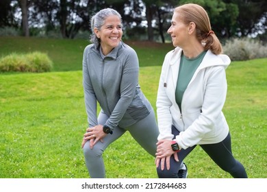 Cheerful senior friends exercising in park. Women in sportive clothes stretching on cloudy day. Sport, friendship concept - Powered by Shutterstock