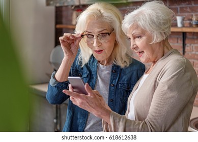 Cheerful Senior Ladies Using Modern Gadget