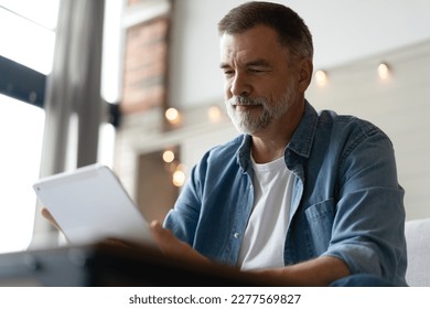 Cheerful senior man in casual clothing using digital tablet while sitting on the sofa at home - Powered by Shutterstock