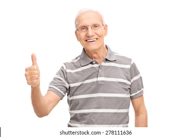 Cheerful senior man giving a thumb up and looking at the camera isolated on white background