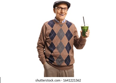 Cheerful senior man holding a plastic cup with a healthy green smoothie drink isolated on white background - Powered by Shutterstock