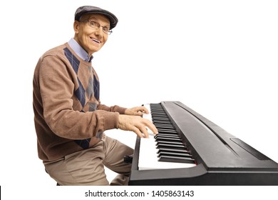 Cheerful Senior Man Playing A Digital Keyboard Piano Isolated On White Background