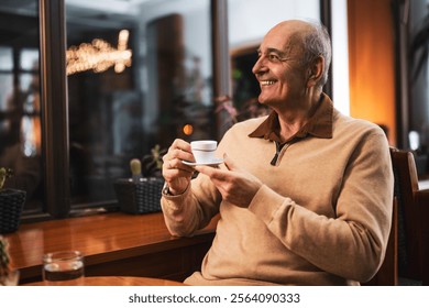 Cheerful senior man sitting by the window in cafe and drinking coffee at evening. - Powered by Shutterstock