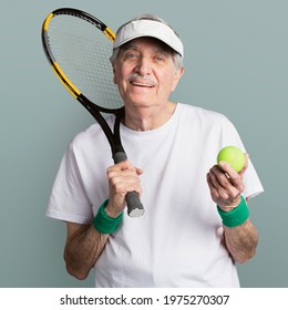 Cheerful Senior Tennis Player Wearing A Visor Cap Mockup