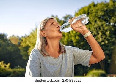 A cheerful senior woman takes a break on her colorful yoga mat in the park, savoring a blissful moment of relaxation with a refreshing bottle of water, keeping her energized for her fitness routine - Powered by Shutterstock