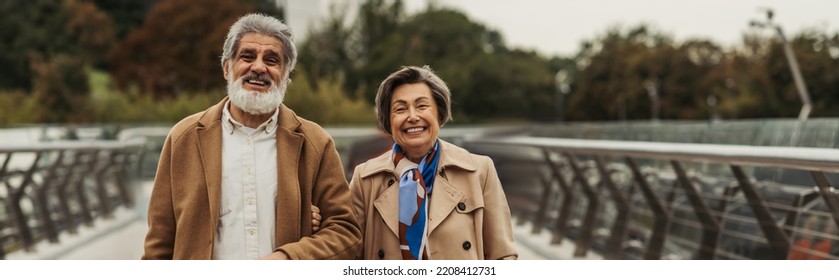 Cheerful Senior Woman Walking With Happy Husband Smiling Outside, Banner