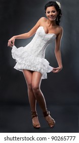 Cheerful Sensual Bride In Short Wedding Dress Dancing - Series Of Photos