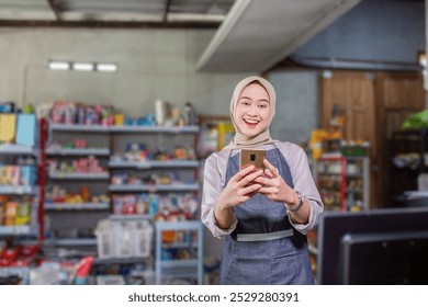 A cheerful shopkeeper smiles in a wellorganized grocery store, promoting friendly service - Powered by Shutterstock