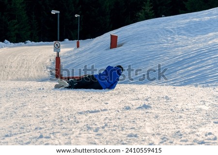 A cheerful sledding mishap in the snow, under a 