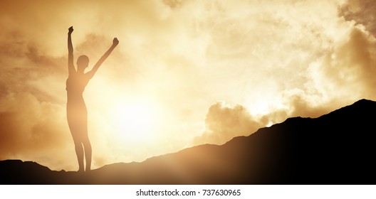 cheerful slim woman standing on weighing scale against blue sky with white clouds