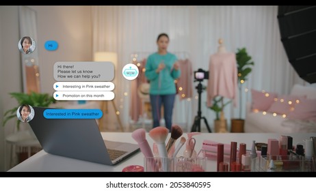 Cheerful SME Owner Vlogger Live Sell On Smart CRM Martech B2C IOT App Helping Seller Talk Ask Answer Buy Or Advice Data On AI Bot Outline Chat Speech Bubble Dialog Screen. Sale Shop Website Program.