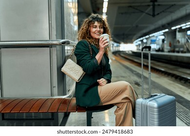 With a cheerful smile, the caucasian woman with curly hair waits at the train station, sitting and enjoying coffee with a suitcase. - Powered by Shutterstock