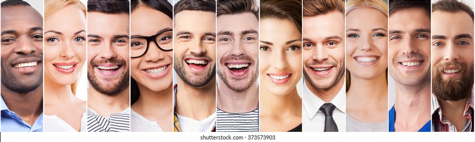 Cheerful smile. Collage of diverse multi-ethnic young people expressing positive emotions and smiling