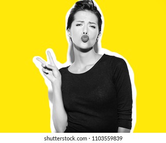 cheerful smiling fashion girl going crazy in casual black clothes with red lips on white background making a duck face and showing peace sign