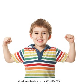 cheerful smiling little boy raised his hands up. Isolated on white background.  shooting in the studio