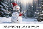 Cheerful Snowman in a Winter Forest Scene