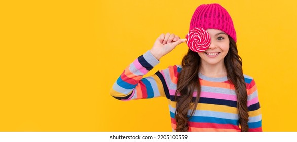 Cheerful Teen Girl With Lollipop Candy, Lollypop. Teenager Child With Sweets, Poster Banner Header, Copy Space.