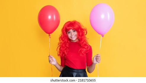 Cheerful Teen Kid With Party Balloon On Yellow Background