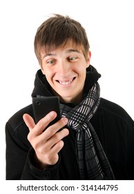Cheerful Teenager with Cellphone Isolated on the White Background