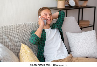 Cheerful Teenager Having Conversation On Phone, Home Interior, Empty Space