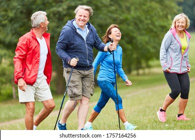 Cheerful Vital Group Of Seniors Together While Hiking In Nature