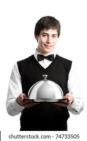 Cheerful Waiter With Metal Cloche Lid Cover