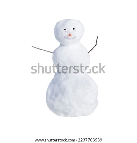 Cheerful white snowman made of snow isolated. Winter, new year and christmas time.