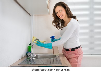 Cheerful Woman Cleaning Stainless Steel Sink In Kitchen