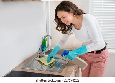 Cheerful Woman Cleaning Stainless Steel Sink In Kitchen