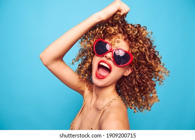 Cheerful Woman Curly Hair Red Lips Model Sunglasses 