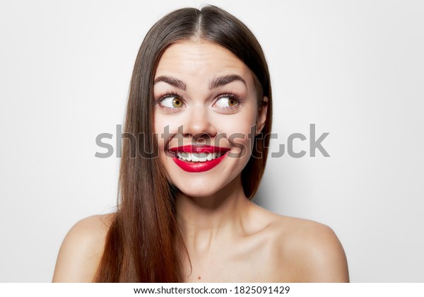 Cheerful Woman Naked Shoulders Smile Red Stock Photo 1825091429 ...