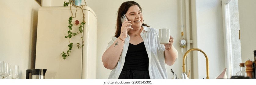 A cheerful woman sips coffee and talks on the phone in her cozy kitchen. - Powered by Shutterstock