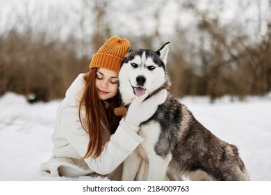 Cheerful Woman Snow Playing Dog Outdoors Stock Photo 2184009763 ...