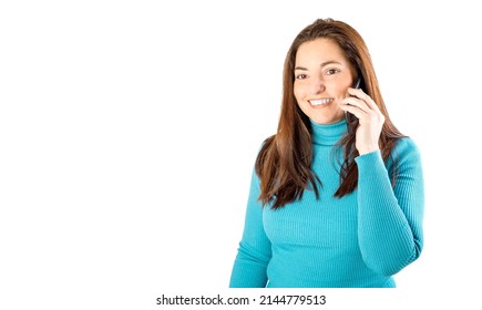 Cheerful Woman Talking On The Phone. Isolated On White Background. 40-45 Years Old Caucasian Woman.