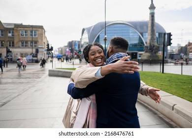 Cheerful Woman Throwing Arms Around Man, Reunion, Getting Back To The New Normal