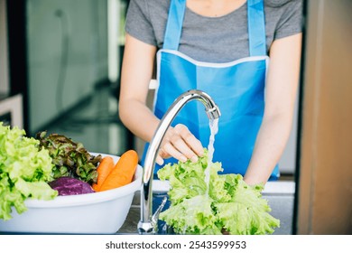 A cheerful woman washes a variety of fresh vegetables in the kitchen sink prepping for salad. Bright leafy greens and hygiene emphasized in her enjoyment of healthy eating at home. - Powered by Shutterstock