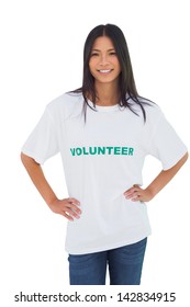 Cheerful Woman Wearing Volunteer Tshirt On White Background