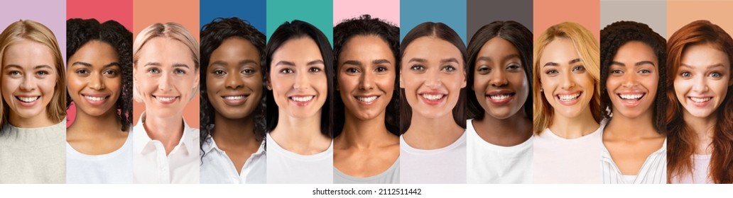 Cheerful women various nationalities and ages posing on colorful studio backgrounds, collage for feminine beauty concept, panorama. Attractive multiracial females smiling at camera, set of portraits - Shutterstock ID 2112511442