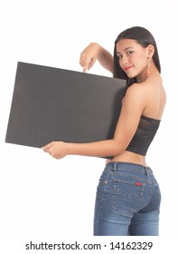 cheerful young adult pointing on a blank illustration