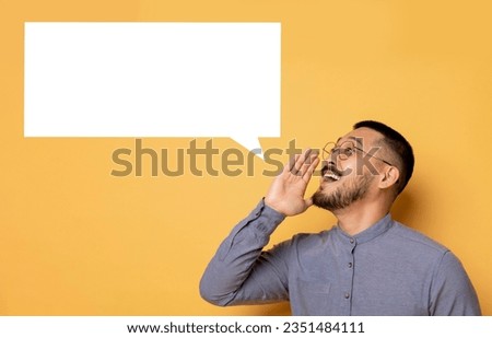 Cheerful Young Asian Man Shouting At Empty Speech Bubble On Yellow Background, Excited Happy Millennial Guy Making Announcement, Sharing News, Advertising Nice Offer, Collage With Copy Space