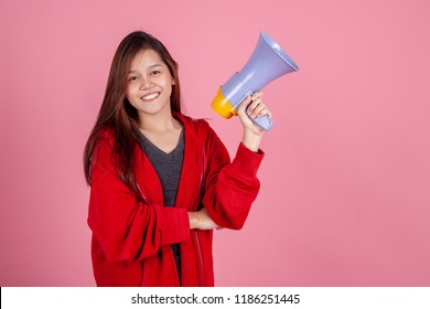 Cheerful Young Asian Woman Or Teen Or College Student With Megaphone On Pink Background. Leader Team Power Lifestyle Speaker And Teenager Concept