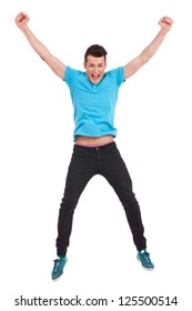 Cheerful Young Casual Man Jumping In Air And Screaming With Hands Up, On White