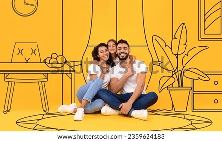 Cheerful young caucasian parents and daughter hugs, enjoy buy new home in living room interior with drawn furniture, isolated on yellow studio background. Mortgage, dreams of own house, moving