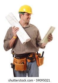 Cheerful Young Construction Worker Reviewing Paperwork