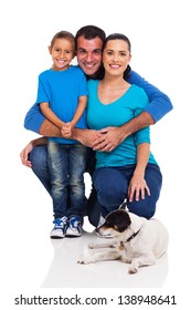 Cheerful Young Family With Pet Dog Isolated On White