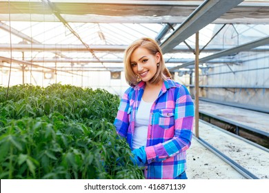 Cheerful young girl is working in plant shop on tomato plants. - Shutterstock ID 416871139